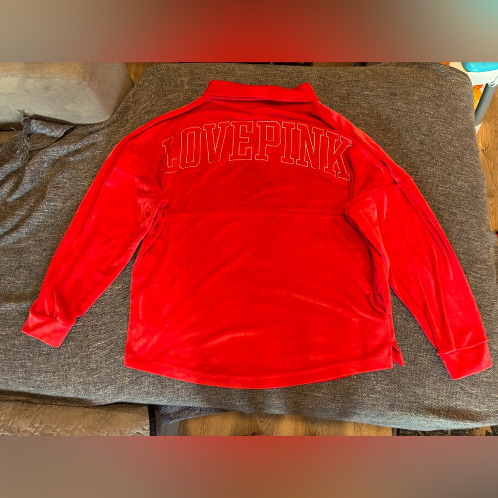 Victoria Secret Red/Hot Pink Crow neck velvet LOVE PINK Pullover sweater M